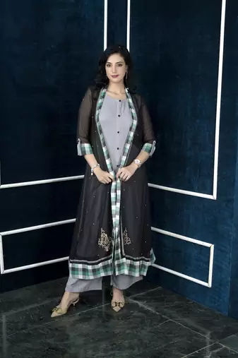 Black embroidered georgette jacket style kurta culottes set