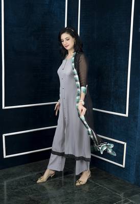 Black embroidered georgette jacket style kurta culottes set 3