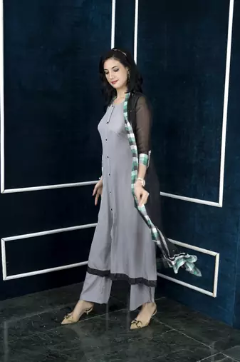 Black embroidered georgette jacket style kurta culottes set