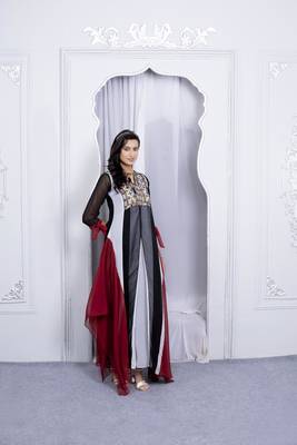Multicolor embroidered georgette asymmetrical kurta pants set 1