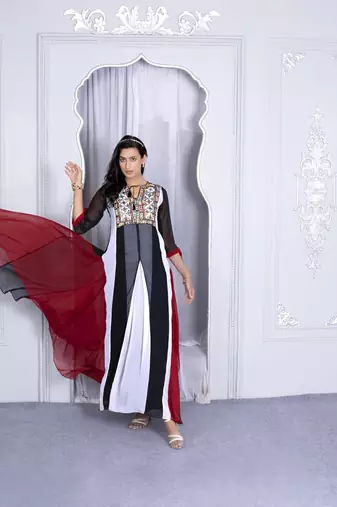 Multicolor embroidered georgette asymmetrical kurta pants set