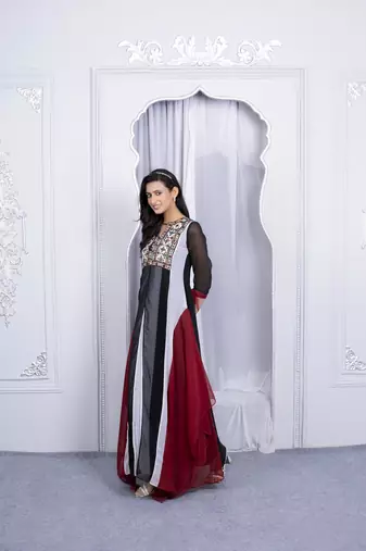 Multicolor embroidered georgette asymmetrical kurta pants set