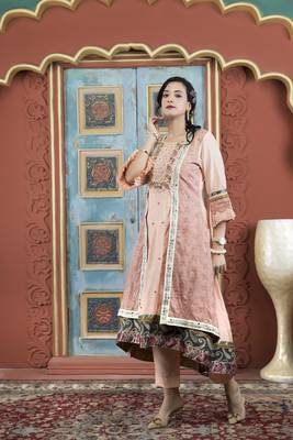 Peach embroidered silk asymmetrical kurta pants set 1