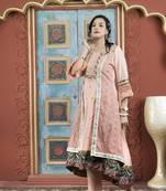 Peach embroidered silk asymmetrical kurta pants set