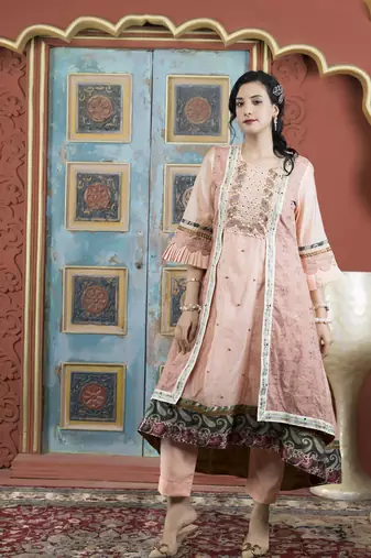 Peach embroidered silk asymmetrical kurta pants set