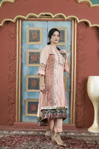 Peach embroidered silk asymmetrical kurta pants set
