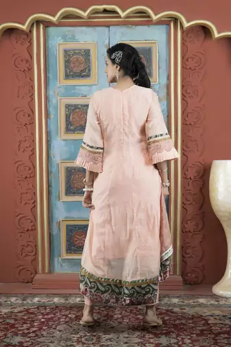 Peach embroidered silk asymmetrical kurta pants set