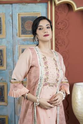 Peach embroidered silk asymmetrical kurta pants set 5