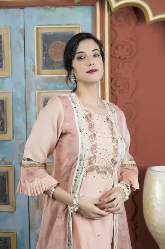 Peach embroidered silk asymmetrical kurta pants set