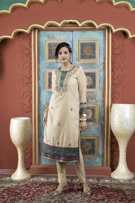 Beige embroidered silk straight cut kurta pants set 1