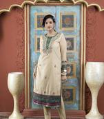 Beige embroidered silk straight cut kurta pants set