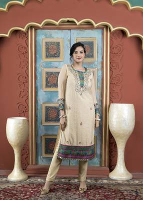 Beige embroidered silk straight cut kurta pants set 2