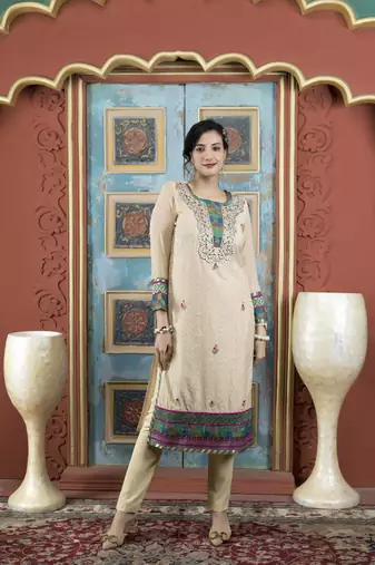 Beige embroidered silk straight cut kurta pants set