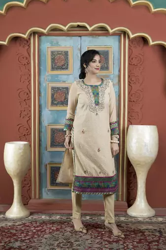 Beige embroidered silk straight cut kurta pants set