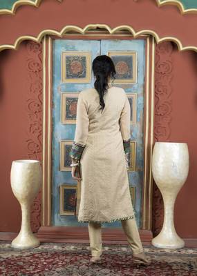 Beige embroidered silk straight cut kurta pants set 4