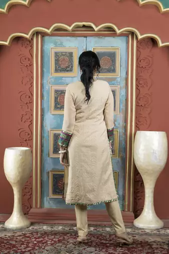 Beige embroidered silk straight cut kurta pants set