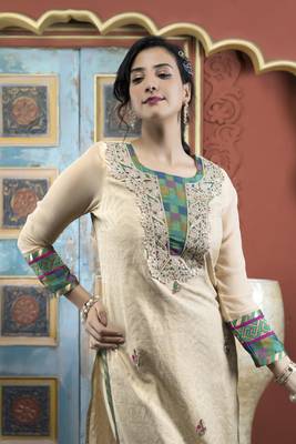 Beige embroidered silk straight cut kurta pants set 5