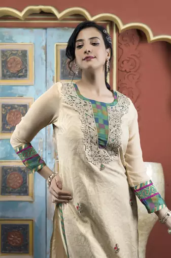 Beige embroidered silk straight cut kurta pants set