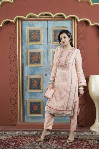 Peach embroidered silk straight cut kurta pants set