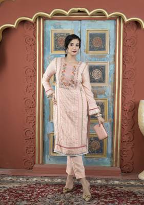 Peach embroidered silk straight cut kurta pants set 2