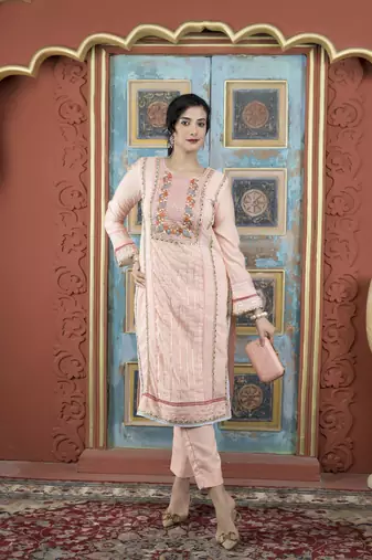 Peach embroidered silk straight cut kurta pants set
