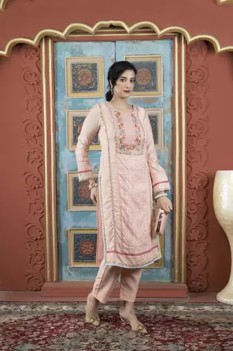Peach embroidered silk straight cut kurta pants set