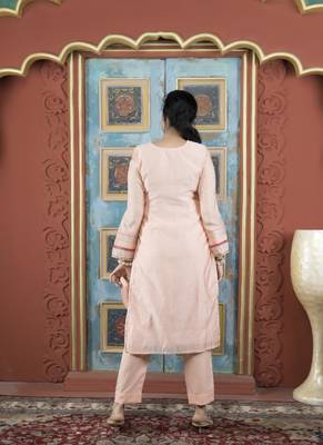 Peach embroidered silk straight cut kurta pants set 4