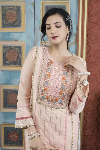 Peach embroidered silk straight cut kurta pants set