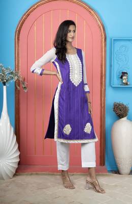 Purple embroidered silk straight cut kurta pants set 1