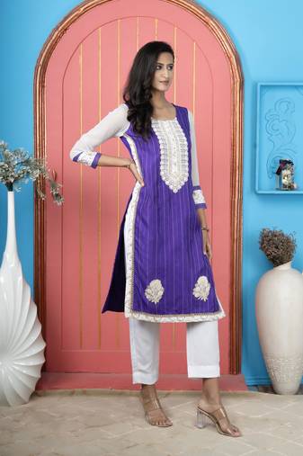 Purple embroidered silk straight cut kurta pants set