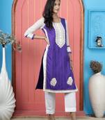 Purple embroidered silk straight cut kurta pants set