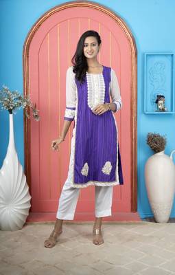 Purple embroidered silk straight cut kurta pants set 2