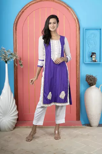 Purple embroidered silk straight cut kurta pants set
