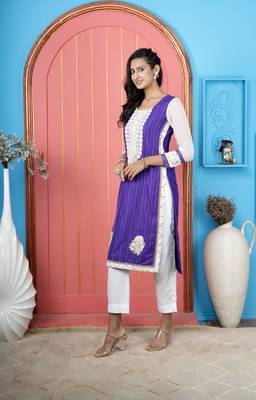 Purple embroidered silk straight cut kurta pants set 3
