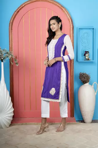 Purple embroidered silk straight cut kurta pants set