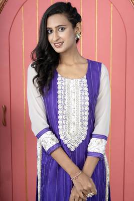 Purple embroidered silk straight cut kurta pants set 5