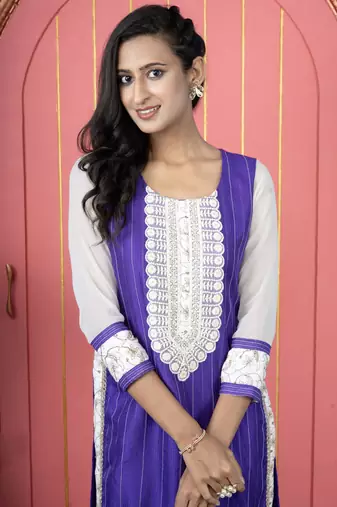 Purple embroidered silk straight cut kurta pants set