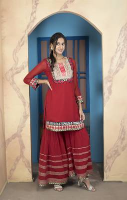 Maroon embroidered georgette straight cut kurta sharara set 1