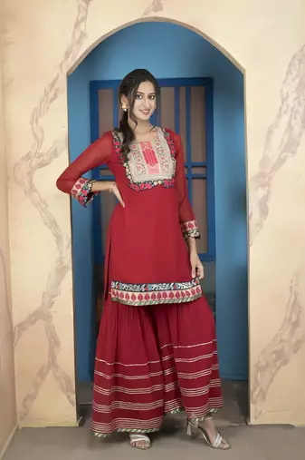 Maroon embroidered georgette straight cut kurta sharara set