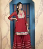 Maroon embroidered georgette straight cut kurta sharara set