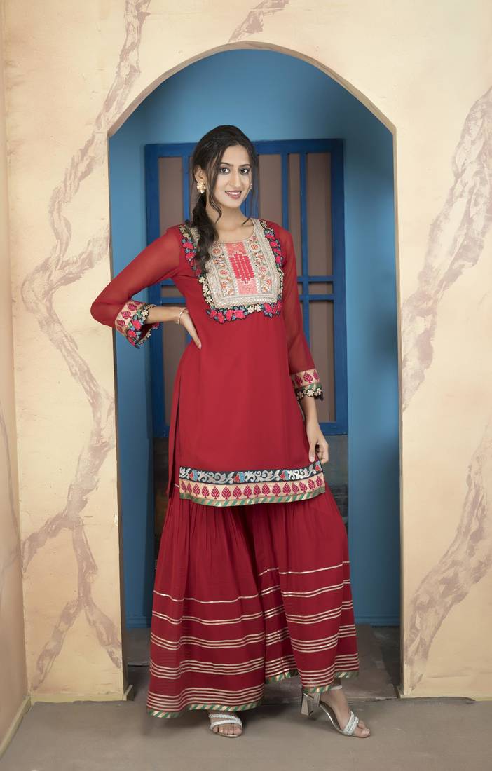 Maroon embroidered georgette straight cut kurta sharara set
