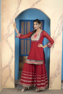 Maroon embroidered georgette straight cut kurta sharara set 2