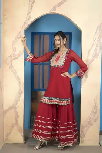 Maroon embroidered georgette straight cut kurta sharara set