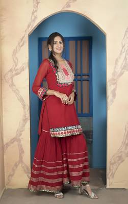 Maroon embroidered georgette straight cut kurta sharara set 3