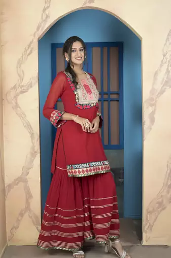 Maroon embroidered georgette straight cut kurta sharara set