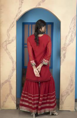 Maroon embroidered georgette straight cut kurta sharara set 4