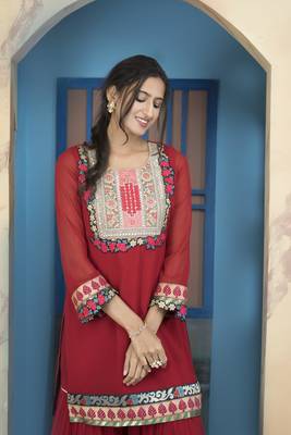 Maroon embroidered georgette straight cut kurta sharara set 5
