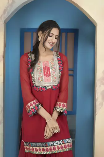Maroon embroidered georgette straight cut kurta sharara set