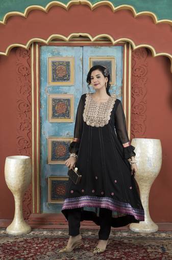 Black embroidered georgette asymmetrical kurta pants set