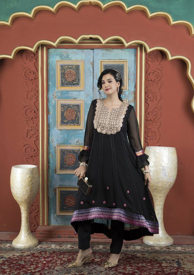 Black embroidered georgette asymmetrical kurta pants set